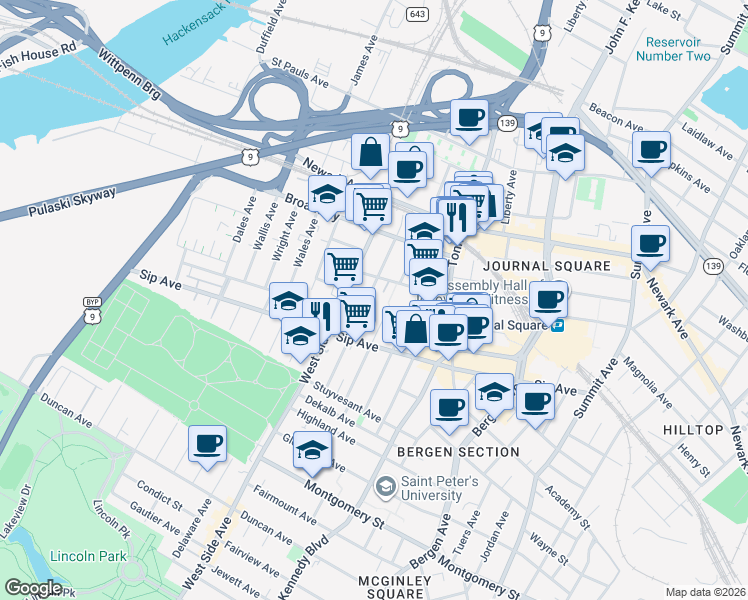 map of restaurants, bars, coffee shops, grocery stores, and more near 102 Corbin Avenue in Jersey City