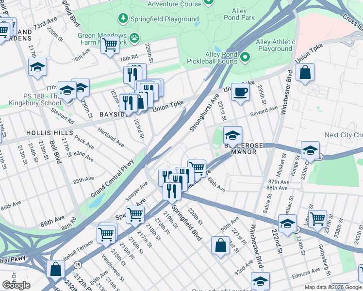 map of restaurants, bars, coffee shops, grocery stores, and more near 225-12 Stronghurst Avenue in Queens