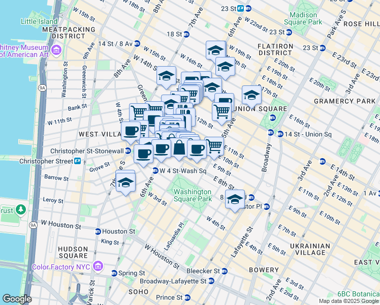 map of restaurants, bars, coffee shops, grocery stores, and more near 53 West 9th Street in New York