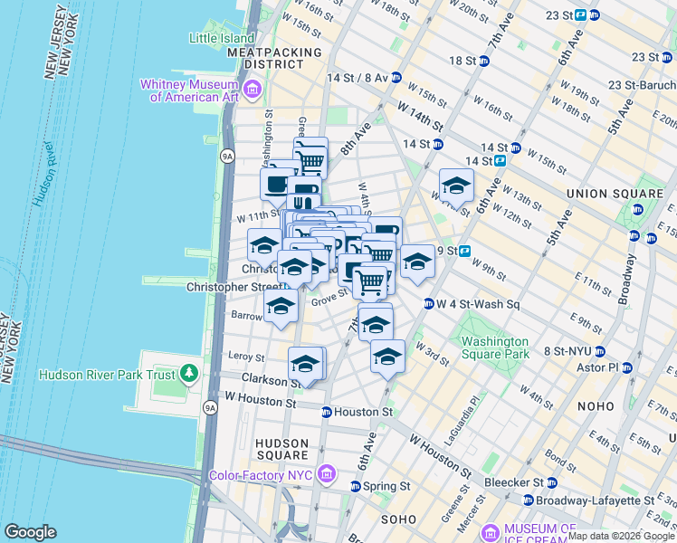 map of restaurants, bars, coffee shops, grocery stores, and more near 97 Christopher Street in New York