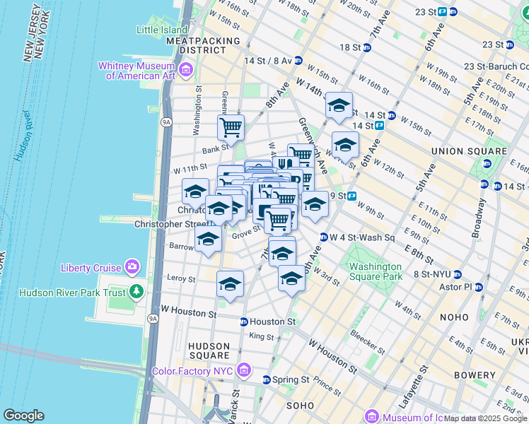map of restaurants, bars, coffee shops, grocery stores, and more near 341 Bleecker Street in New York