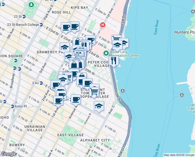 map of restaurants, bars, coffee shops, grocery stores, and more near 511 East 20th Street in New York