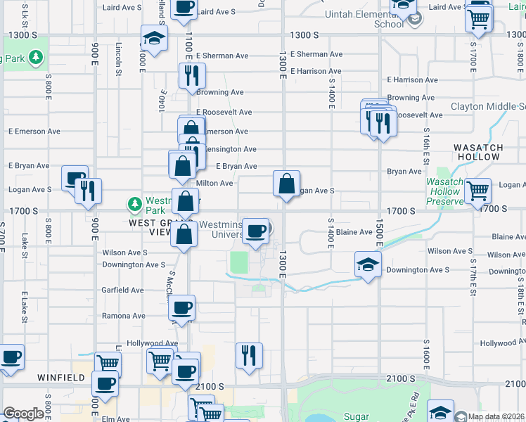 map of restaurants, bars, coffee shops, grocery stores, and more near 1258 Logan Avenue South in Salt Lake City