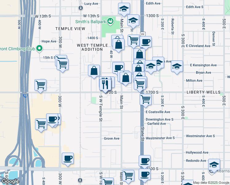 map of restaurants, bars, coffee shops, grocery stores, and more near 1629 Richards Street in Salt Lake City