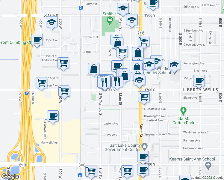 map of restaurants, bars, coffee shops, grocery stores, and more near 1629 Richards Street in Salt Lake City