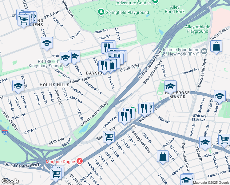 map of restaurants, bars, coffee shops, grocery stores, and more near 80-62 Springfield Boulevard in Queens