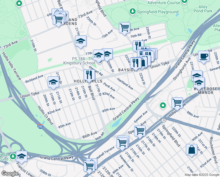 map of restaurants, bars, coffee shops, grocery stores, and more near 217-45 Peck Avenue in Queens