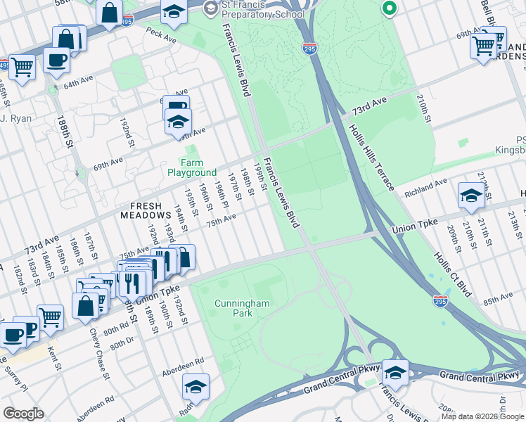 map of restaurants, bars, coffee shops, grocery stores, and more near 73-70 199th Street in Queens