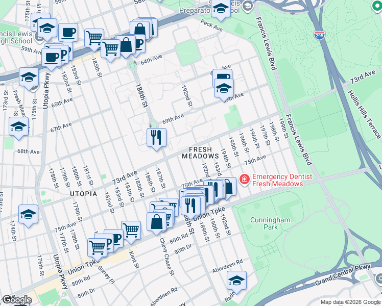 map of restaurants, bars, coffee shops, grocery stores, and more near 192-05 73rd Avenue in Queens