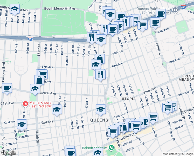 map of restaurants, bars, coffee shops, grocery stores, and more near 67-10 Fresh Meadow Lane in Queens