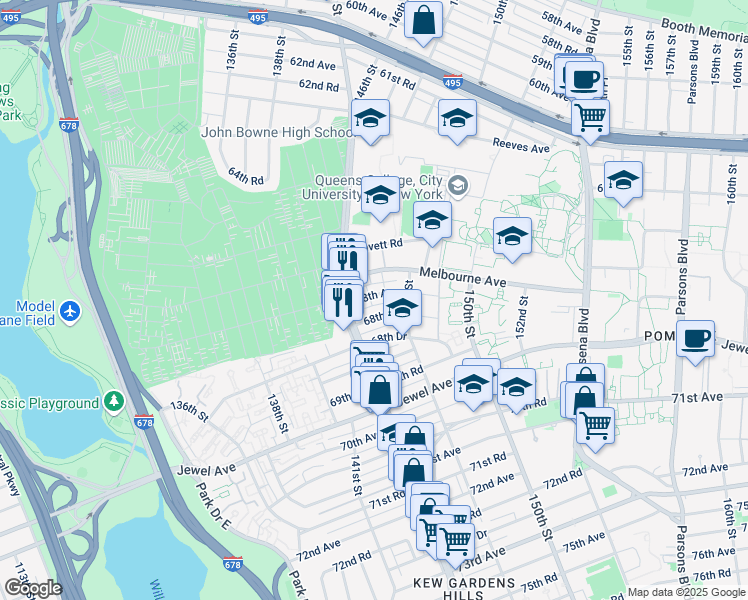 map of restaurants, bars, coffee shops, grocery stores, and more near 144-32 Melbourne Avenue in Queens