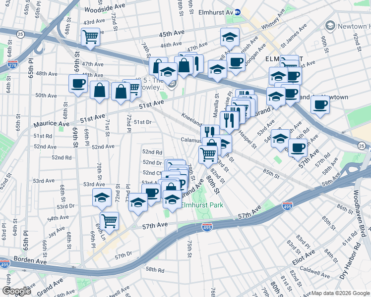 map of restaurants, bars, coffee shops, grocery stores, and more near 52-2 79th Street in Queens