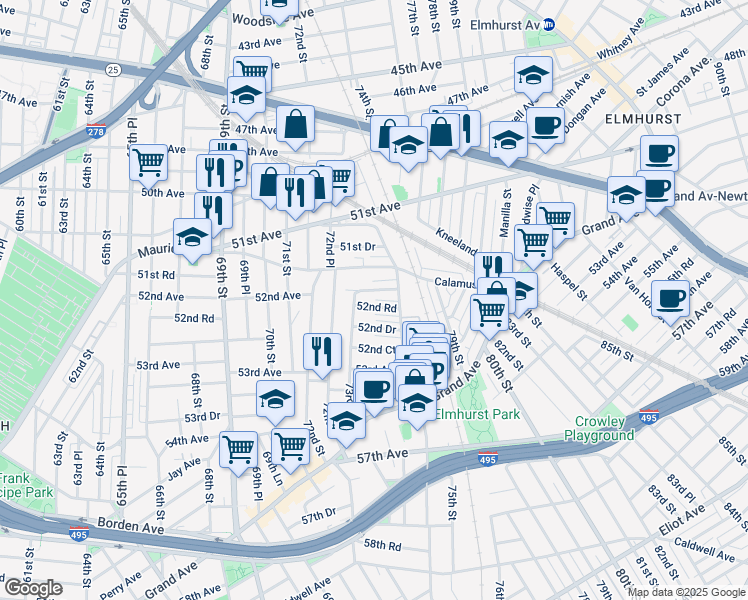 map of restaurants, bars, coffee shops, grocery stores, and more near 73-05 52nd Avenue in Queens