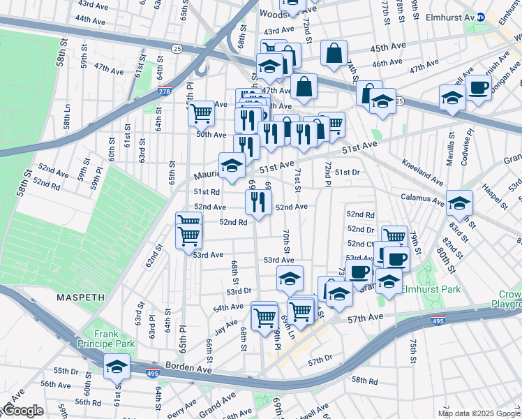 map of restaurants, bars, coffee shops, grocery stores, and more near 51-44 69th Street in Queens