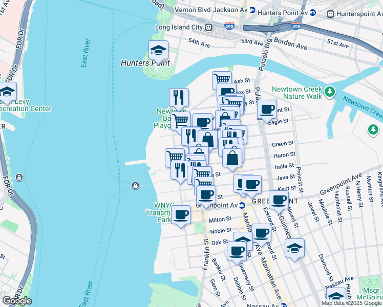 map of restaurants, bars, coffee shops, grocery stores, and more near 74 Freeman Street in Brooklyn