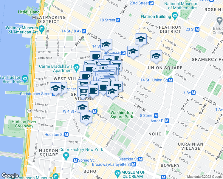 map of restaurants, bars, coffee shops, grocery stores, and more near 58 1/2 West 8th Street in New York