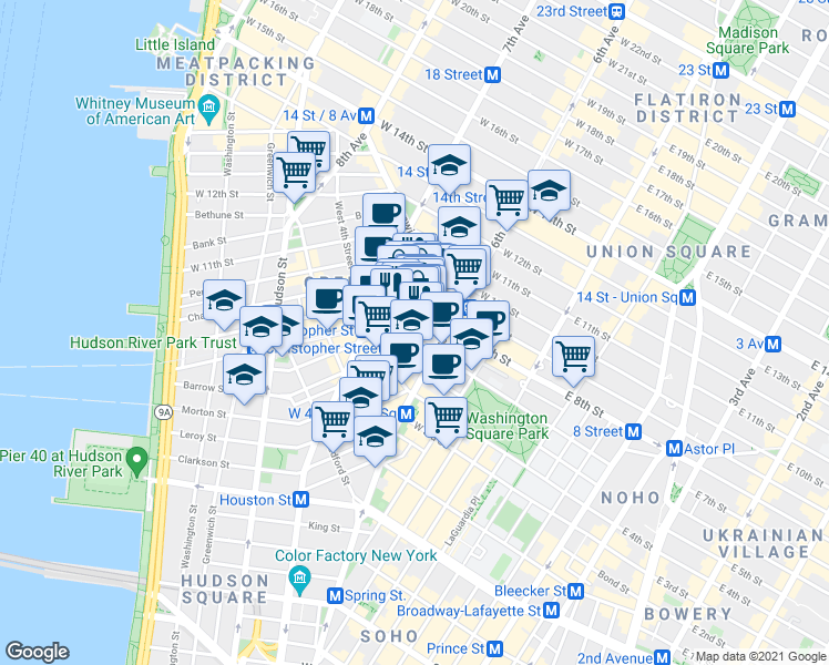 map of restaurants, bars, coffee shops, grocery stores, and more near 169 Waverly Place in New York