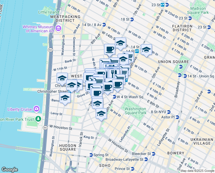 map of restaurants, bars, coffee shops, grocery stores, and more near 169 Waverly Place in New York