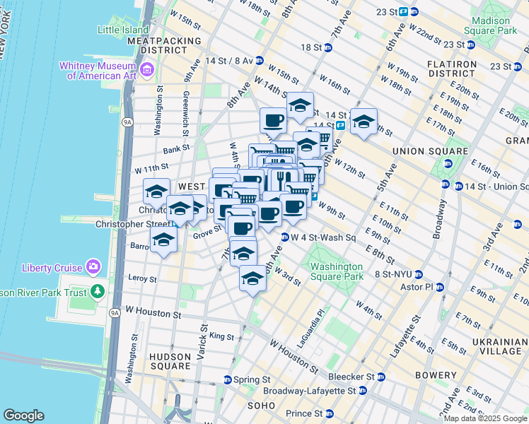 map of restaurants, bars, coffee shops, grocery stores, and more near 169 Waverly Place in New York