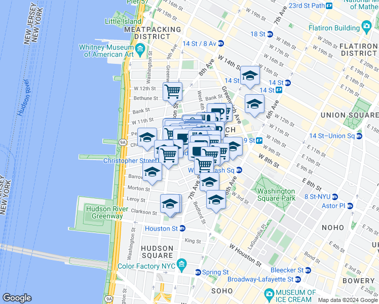 map of restaurants, bars, coffee shops, grocery stores, and more near 93 Christopher Street in New York