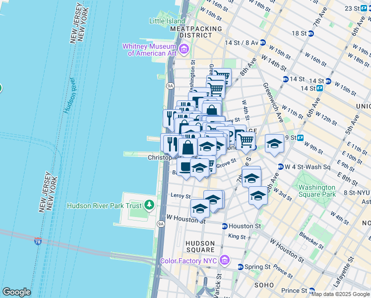 map of restaurants, bars, coffee shops, grocery stores, and more near 693 Washington Street in New York