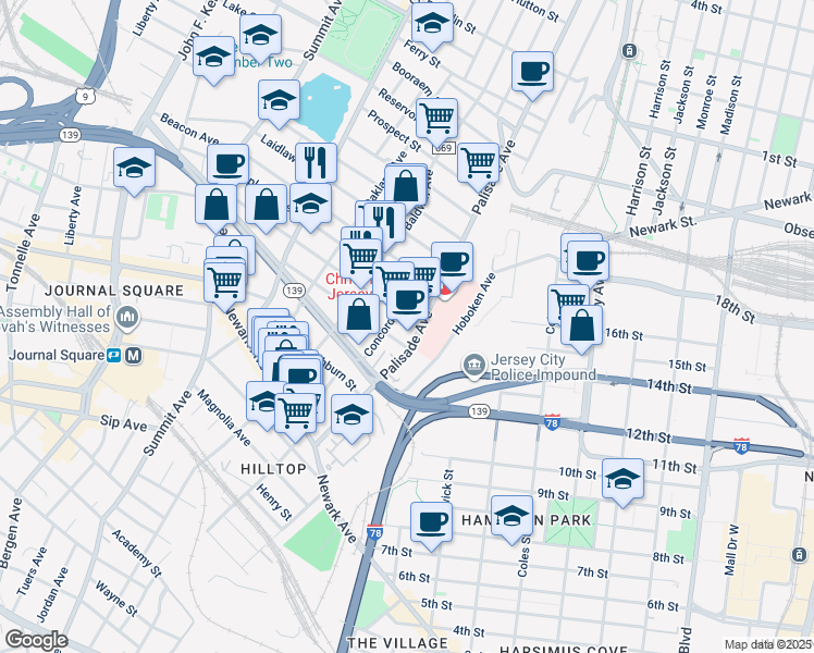 map of restaurants, bars, coffee shops, grocery stores, and more near 22 Saint Pauls Avenue in Jersey City