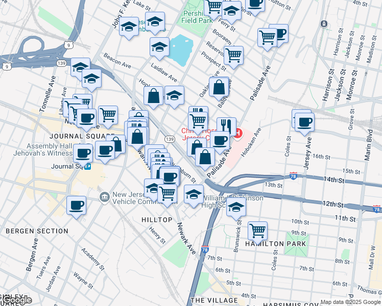 map of restaurants, bars, coffee shops, grocery stores, and more near 46 Fleet Street in Jersey City