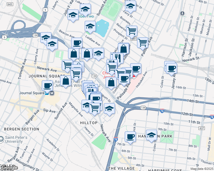 map of restaurants, bars, coffee shops, grocery stores, and more near 46 Fleet Street in Jersey City