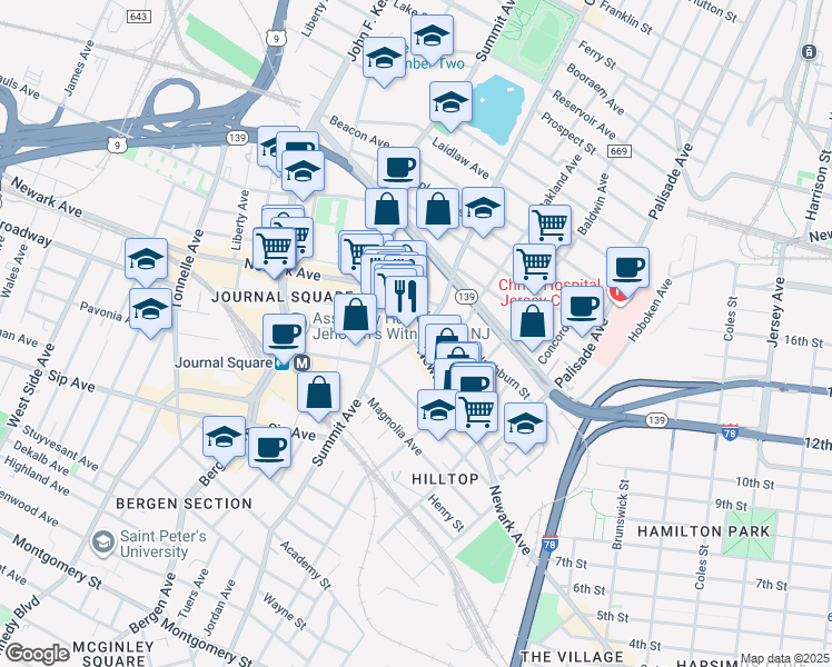 map of restaurants, bars, coffee shops, grocery stores, and more near 634 Newark Avenue in Jersey City