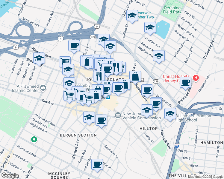 map of restaurants, bars, coffee shops, grocery stores, and more near 74 Cottage Street in Jersey City