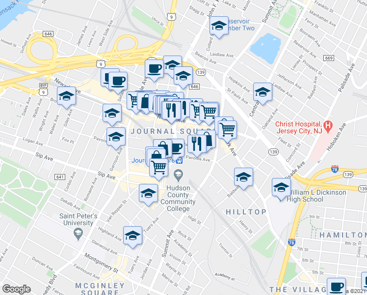 map of restaurants, bars, coffee shops, grocery stores, and more near 74 Cottage Street in Jersey City