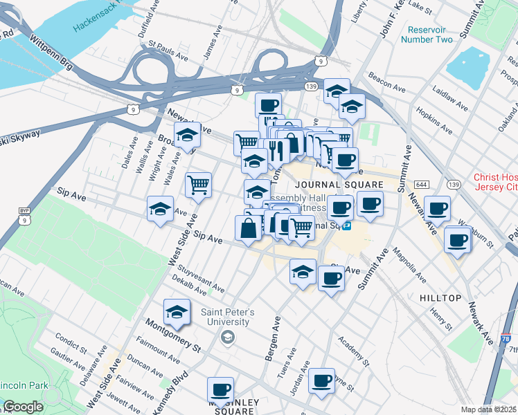 map of restaurants, bars, coffee shops, grocery stores, and more near 866 Pavonia Avenue in Jersey City