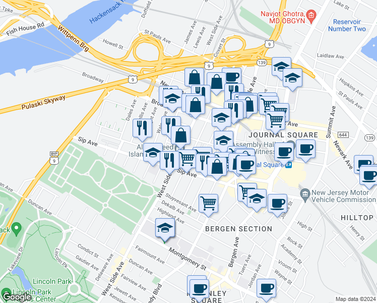 map of restaurants, bars, coffee shops, grocery stores, and more near 1015 County Road 641 in Jersey City