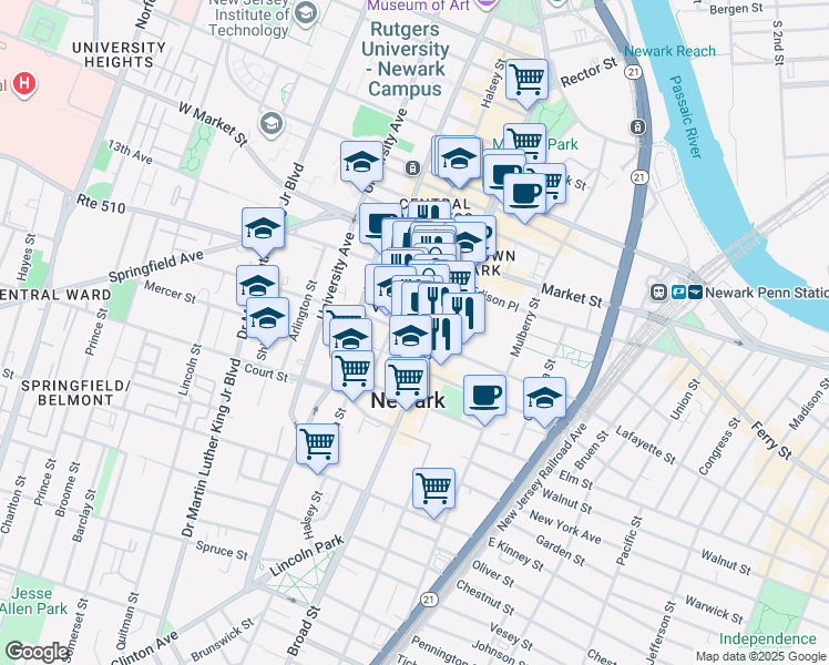 map of restaurants, bars, coffee shops, grocery stores, and more near 851 Broad Street in Newark