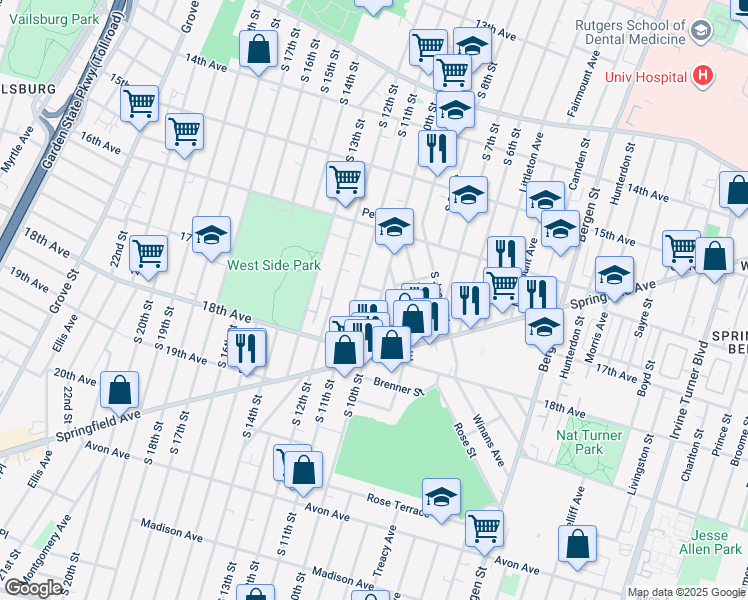 map of restaurants, bars, coffee shops, grocery stores, and more near 12 Belgium Street in Newark