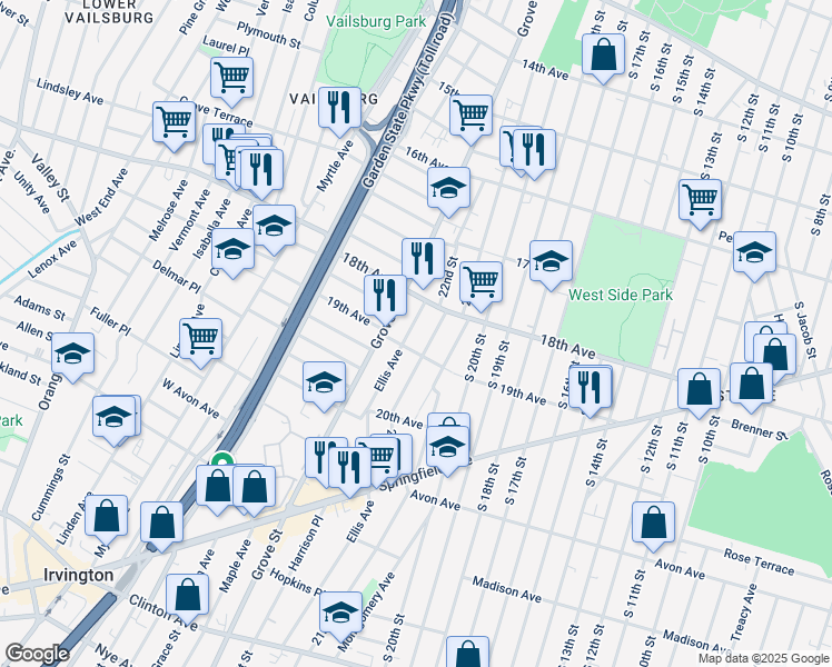map of restaurants, bars, coffee shops, grocery stores, and more near 312 Ellis Avenue in Irvington