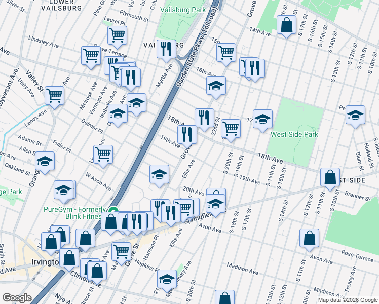 map of restaurants, bars, coffee shops, grocery stores, and more near 697 Grove Street in Irvington