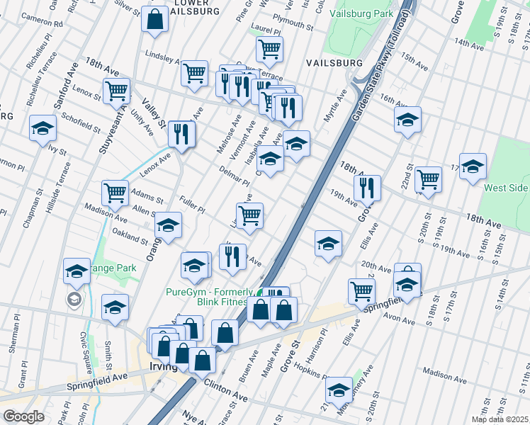 map of restaurants, bars, coffee shops, grocery stores, and more near 47 Delmar Place in Irvington