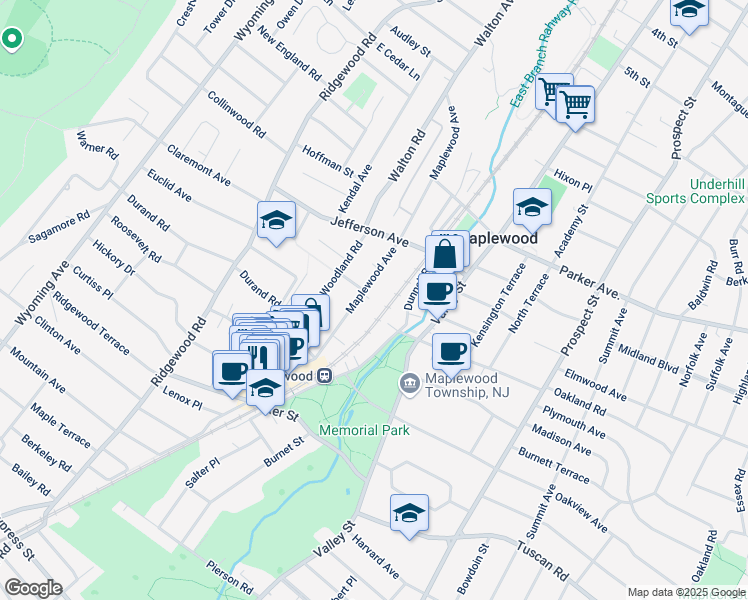 map of restaurants, bars, coffee shops, grocery stores, and more near 104 Maplewood Avenue in Maplewood