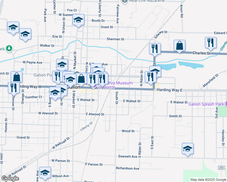 map of restaurants, bars, coffee shops, grocery stores, and more near 420 Harding Way East in Galion