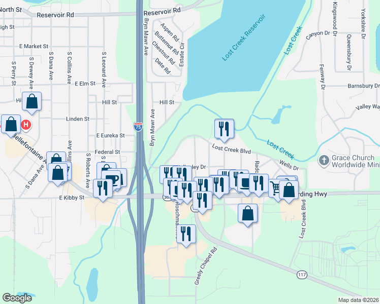 map of restaurants, bars, coffee shops, grocery stores, and more near 2201-2299 Lost Creek Blvd in Lima