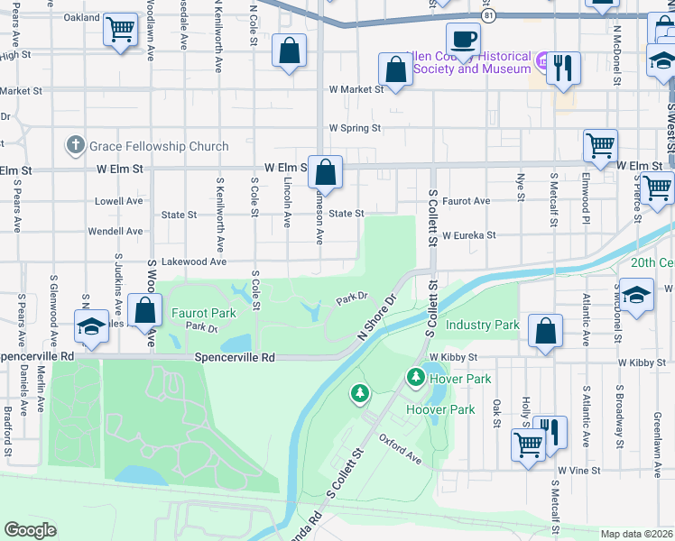 map of restaurants, bars, coffee shops, grocery stores, and more near 1212 Lakewood Ave in Lima