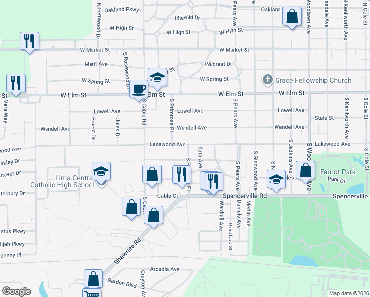 map of restaurants, bars, coffee shops, grocery stores, and more near 2406 Lakewood Ave in Lima