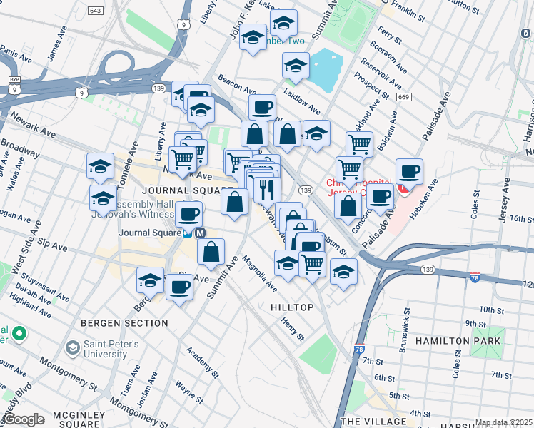 map of restaurants, bars, coffee shops, grocery stores, and more near 634 Newark Avenue in Jersey City
