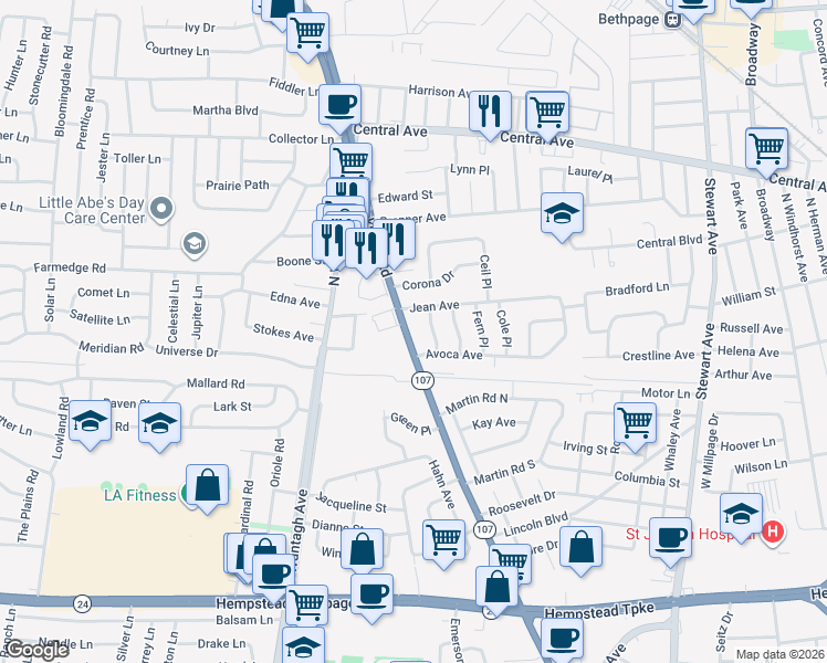 map of restaurants, bars, coffee shops, grocery stores, and more near 316 Hicksville Road in Bethpage