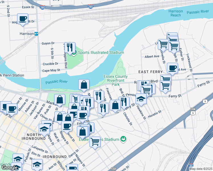 map of restaurants, bars, coffee shops, grocery stores, and more near 6 Freeman Street in Newark