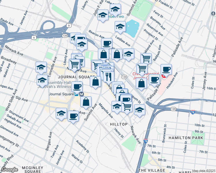 map of restaurants, bars, coffee shops, grocery stores, and more near 634 Newark Avenue in Jersey City