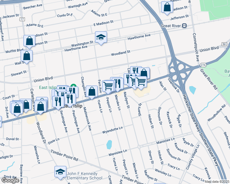 map of restaurants, bars, coffee shops, grocery stores, and more near East Main Street in Suffolk County