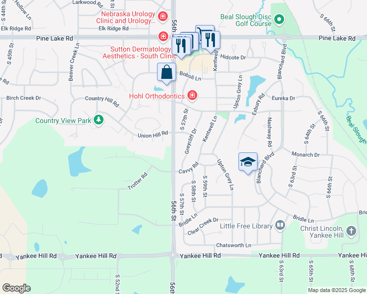 map of restaurants, bars, coffee shops, grocery stores, and more near 7645 Greycliff Drive in Lincoln