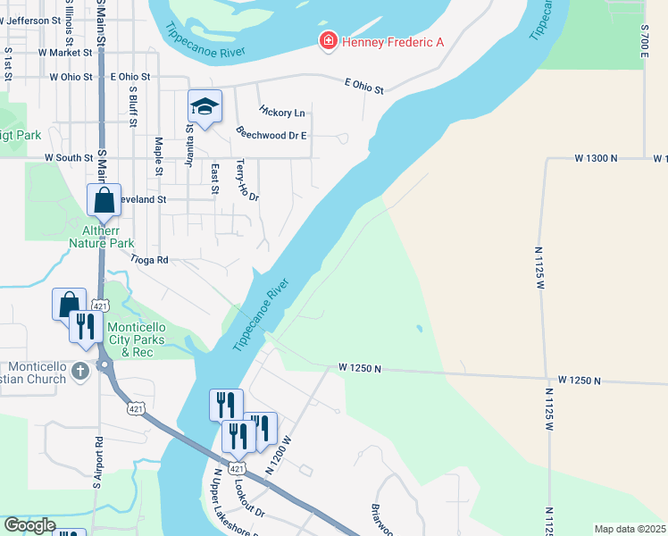 map of restaurants, bars, coffee shops, grocery stores, and more near 12501-12989 N 1225 W in Monticello